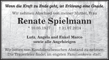 Traueranzeige von Renate Spielmann von Super Sonntag Zeitz