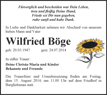 Traueranzeige von Wilfried Böge von Super Sonntag Merseburg