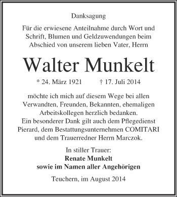 Traueranzeige von Walter Munkelt von WVG - Wochenspiegel NMB / WSF / ZTZ