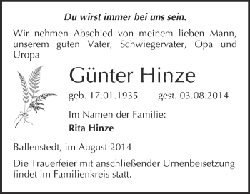Traueranzeige von Günter Hinze von WVG - Wochenspiegel Quedlinburg
