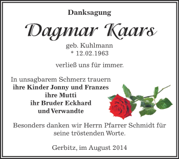 Traueranzeige von Dagmar Kaars von Super Sonntag Bernburg