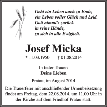 Traueranzeige von Josef Micka von WVG - Wochenspiegel Wittenberg