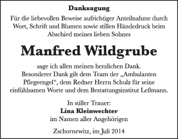 Traueranzeige von Manfred Wildgrube von Super Sonntag Wittenberg