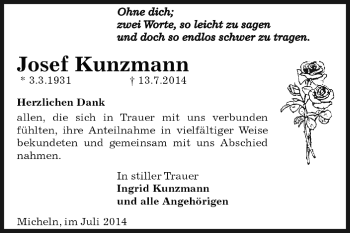 Traueranzeige von Josef Kunzmann von WVG - Wochenspiegel Dessau / Köthen
