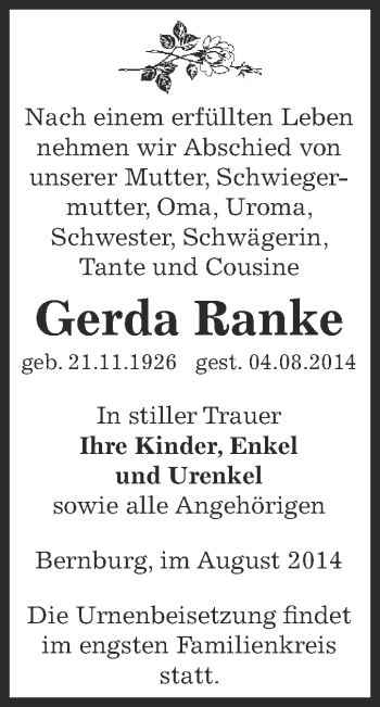 Traueranzeige von Gerda Ranke von Super Sonntag Bernburg