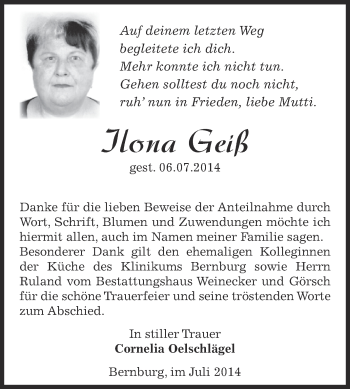Traueranzeige von Ilona Geiß von Super Sonntag Bernburg