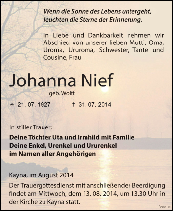 Traueranzeige von Johanna Nief von Super Sonntag Zeitz