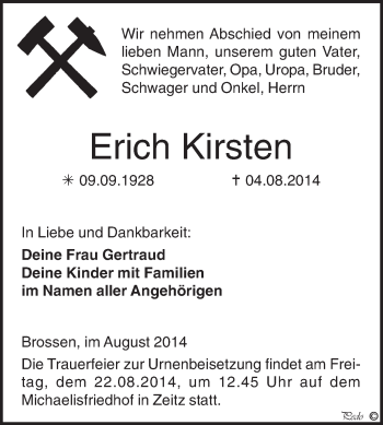 Traueranzeige von Erich Kirsten von Super Sonntag Zeitz