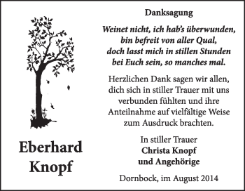 Traueranzeige von Eberhard Knopf von WVG - Wochenspiegel Dessau / Köthen