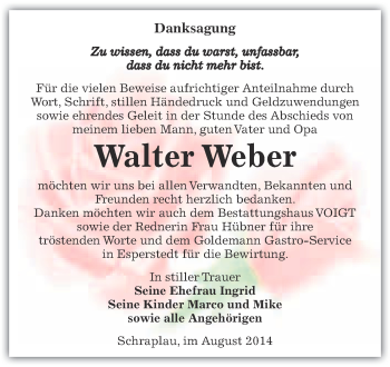 Traueranzeige von Walter Weber von Super Sonntag SGH Mansf. Land
