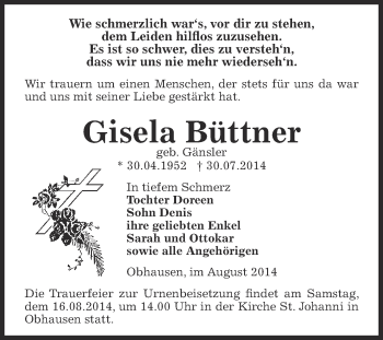 Traueranzeige von Gisela Büttner von Super Sonntag SGH Mansf. Land