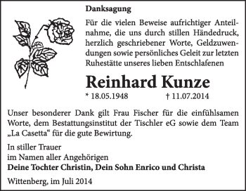 Traueranzeige von Reinhard Kunze von Super Sonntag Wittenberg