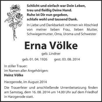 Traueranzeige von Erna Völke von Super Sonntag Quedlinburg