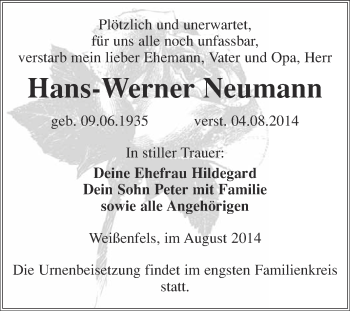Traueranzeige von Hans-Werner Neumann von WVG - Wochenspiegel NMB / WSF / ZTZ