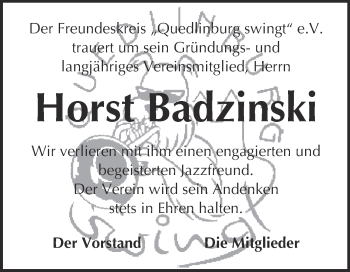 Traueranzeige von Horst Badzinski von Super Sonntag Quedlinburg