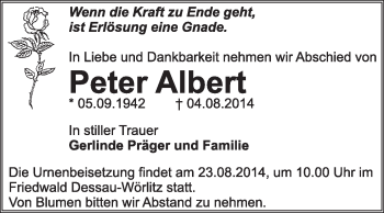 Traueranzeige von Peter Albert von Super Sonntag Dessau / Köthen