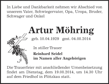 Traueranzeige von Artur Möhring von Super Sonntag Bernburg