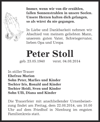 Traueranzeige von Peter Stoll von Super Sonntag Bernburg