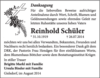 Traueranzeige von Reinhold Schüler von WVG - Wochenspiegel Wittenberg