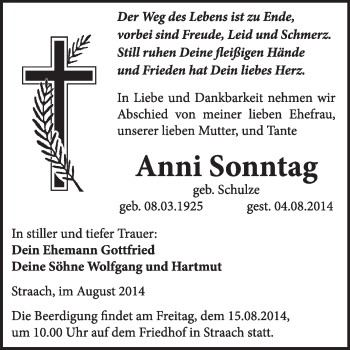 Traueranzeige von Anni Sonntag von WVG - Wochenspiegel Wittenberg