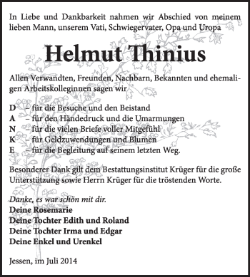 Traueranzeige von Helmut Thinius von WVG - Wochenspiegel Wittenberg