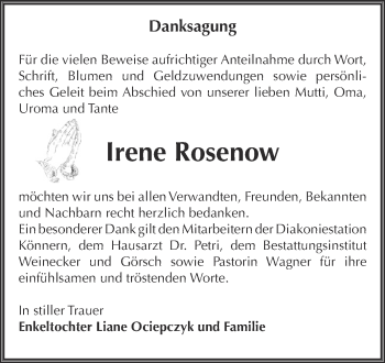 Traueranzeige von Irene Rosenow von Super Sonntag Bernburg