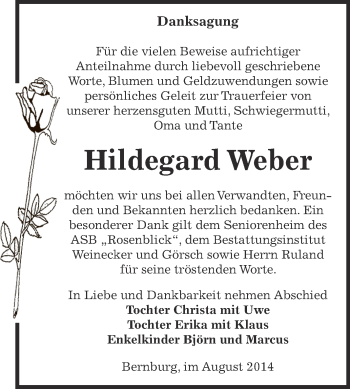 Traueranzeige von Hildegard Weber von Super Sonntag Bernburg