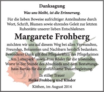 Traueranzeige von Margarete Frohberg von Super Sonntag Dessau / Köthen