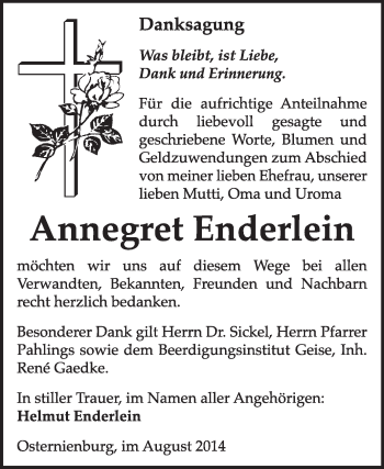 Traueranzeige von Annegret Enderlein von Super Sonntag Dessau / Köthen