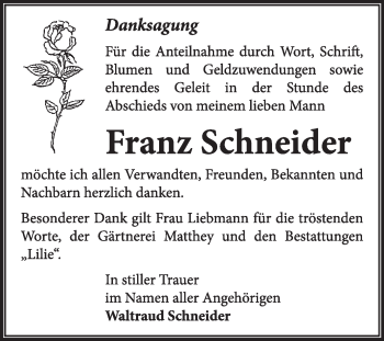Traueranzeige von Franz Schneider von Super Sonntag Dessau / Köthen