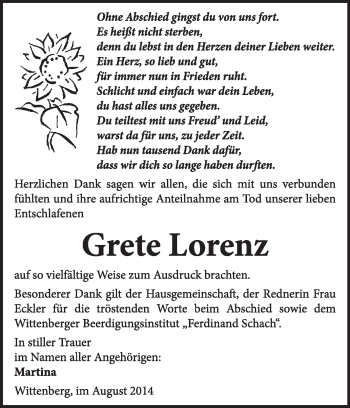 Traueranzeige von Grete Lorenz von WVG - Wochenspiegel Wittenberg