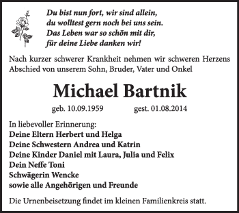 Traueranzeige von Michael Bartnik von WVG - Wochenspiegel Dessau / Köthen