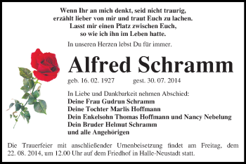Traueranzeige von Alfred Schramm von Super Sonntag Halle