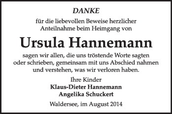 Traueranzeige von Ursula Hannemann von Super Sonntag Dessau / Köthen