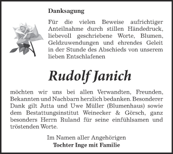Traueranzeige von Rudolf Janich von Super Sonntag Bernburg