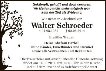 Traueranzeige von Walter Schroeder von WVG - Wochenspiegel Bitterfeld