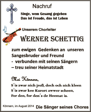 Traueranzeige von Werner Schettig von Super Sonntag Bernburg