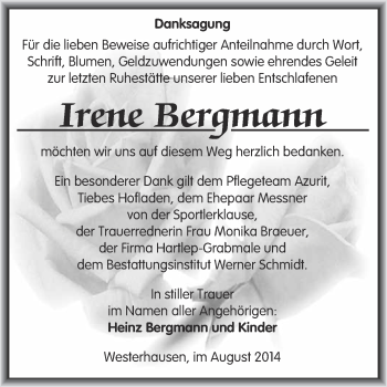 Traueranzeige von Irene Bergmann von WVG - Wochenspiegel Quedlinburg
