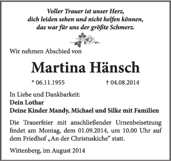 Traueranzeige von Martina Hänsch von WVG - Wochenspiegel Wittenberg
