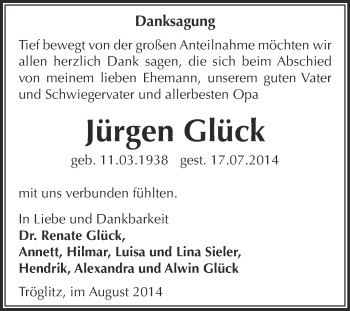 Traueranzeige von Jürgen Glück von Super Sonntag Zeitz