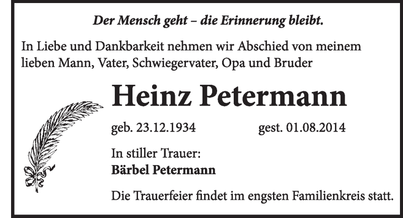  Traueranzeige für Heinz Petermann vom 10.08.2014 aus Super Sonntag Dessau / Köthen