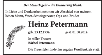 Traueranzeige von Heinz Petermann von Super Sonntag Dessau / Köthen
