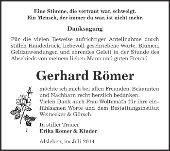 Traueranzeige von Gerhard Römer von Super Sonntag Bernburg