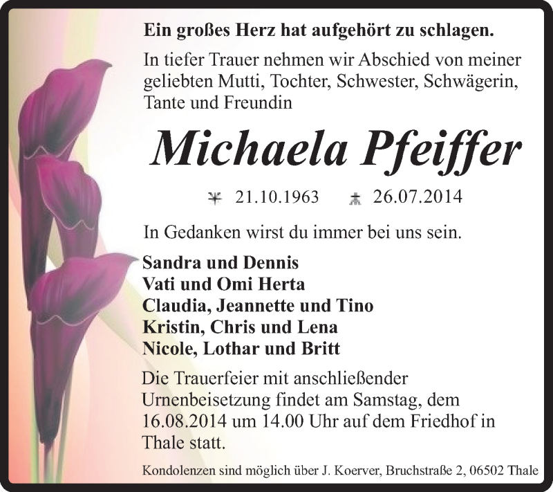  Traueranzeige für Michaela Pfeiffer vom 10.08.2014 aus Super Sonntag Quedlinburg