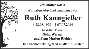 Traueranzeige von Ruth Kanngießer von Super Sonntag Dessau / Köthen