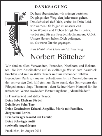Traueranzeige von Norbert Böttcher von WVG - Wochenspiegel Merseburg