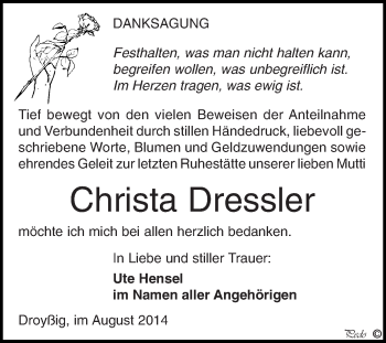 Traueranzeige von Christa Dressler von Super Sonntag Zeitz