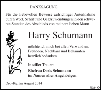 Traueranzeige von Harry Schumann von Super Sonntag Zeitz