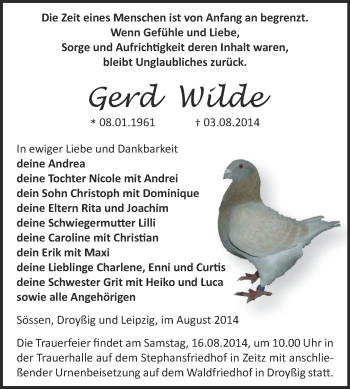 Traueranzeige von Gerd Wilde von Super Sonntag Zeitz