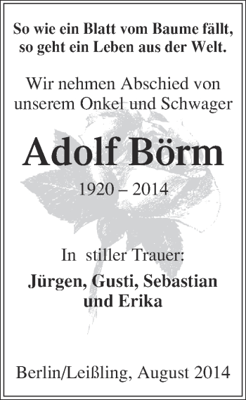 Traueranzeige von Adolf Börm von WVG - Wochenspiegel NMB / WSF / ZTZ